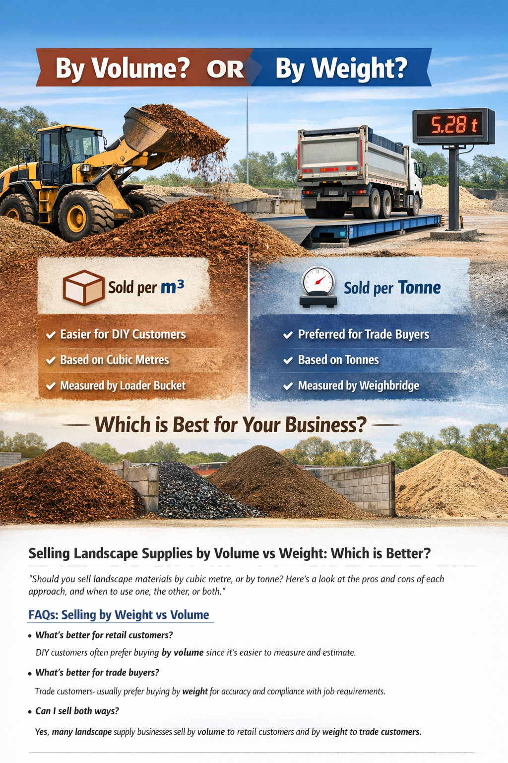 Front loader scooping mulch at a landscape supplies yard with a weighbridge in the background